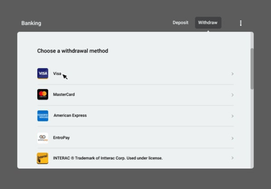Select Visa to withdraw at the casino
